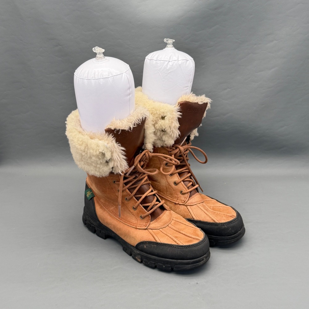 Ralph Lauren Womens Quinta Leather Winter Boots Real Fur Trim Leather Brown 7B